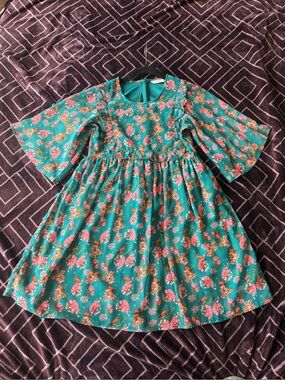 Kids Floral Teal Dress with Ruffle Details